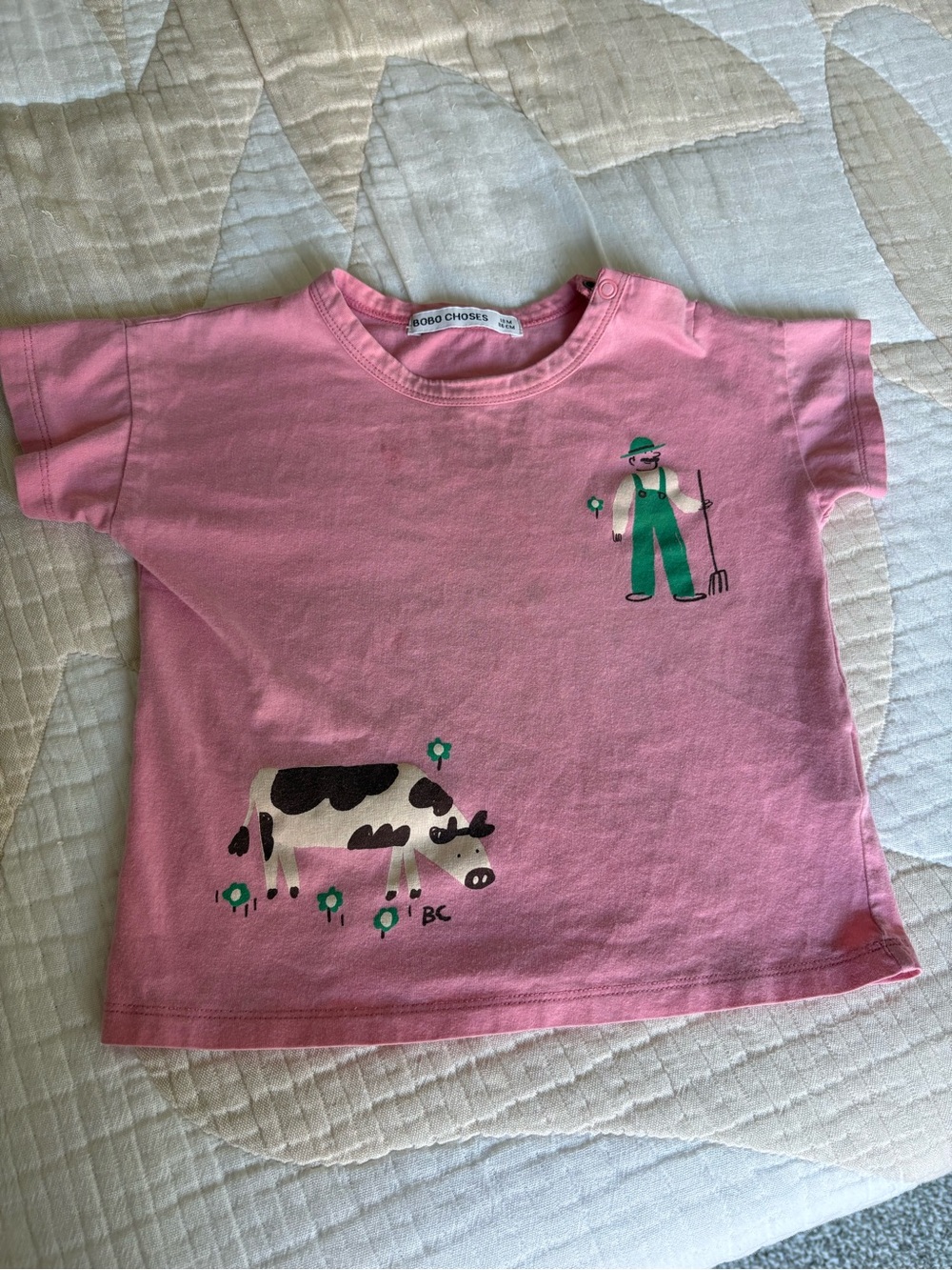 Bobo Choses Pink Tee with Green Farmer & Cow Print